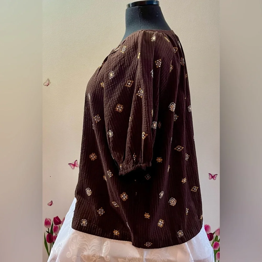 NWT Loft XL Brown Button Up Floral Woven Lightweight Blouse Cottagecore Boho